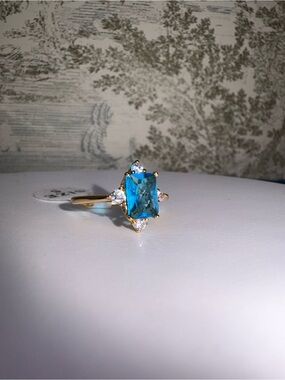 Gold Plated Blue Topaz Emerald Cut Ring Size 5 Aqua Blue Statement New